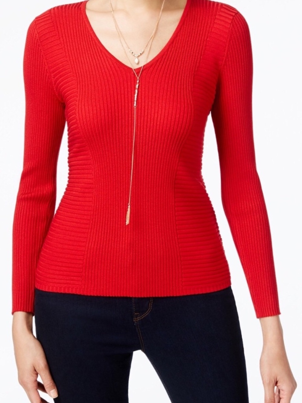 INC International Concepts Ribbed V-Neck Sweater Red‎ Small Fitted Knit Top